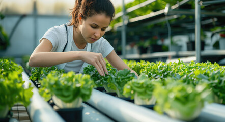 A woman working in an indoor farm, growing lettuce and vegetables using hydroponics technology. She is tending to the plants while wearing casual attire - Powered by Adobe