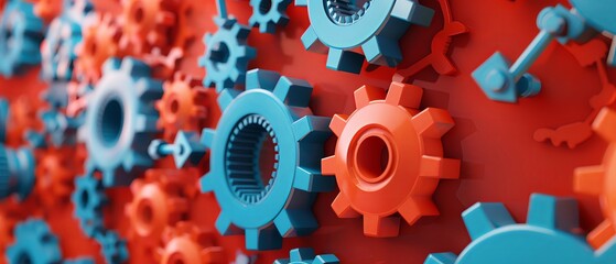 3D render of blue and orange gear elements on the wall. Background with copy space, industrial design concept. Gears, cogs, levers and other mechanical parts on a red background.