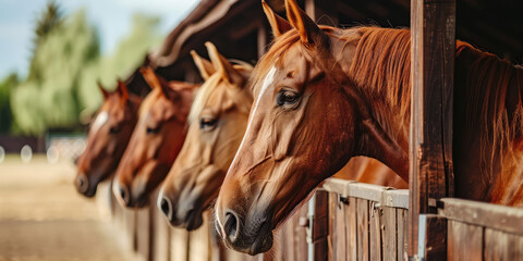 Beautiful horses in a stall in a row, horse corral on a sunny day.