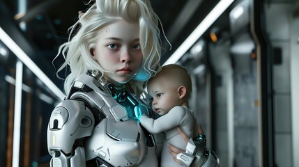 Woman in Futuristic Suit Holding Baby