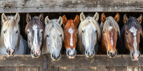 Beautiful horses in a stall in a row, horse corral on a sunny day.