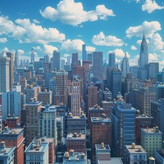 A cityscape of a large American city with many skyscrapers and a blue sky with white clouds