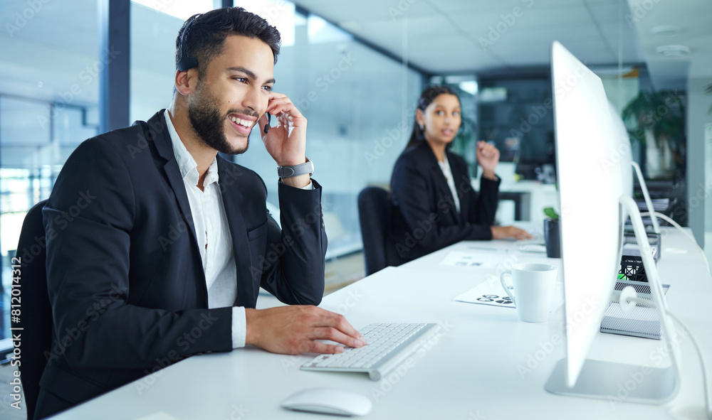 Aufkleber man, happy and headset in call center with computer in office, consult and help desk for customer su