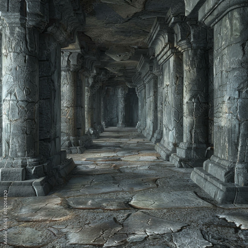 Poster Stone pillars in a dark hallway