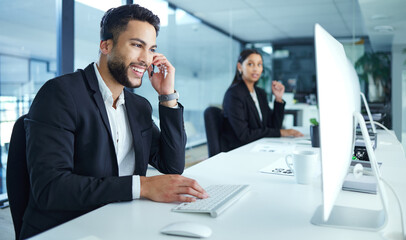 Man, happy and headset in call center with computer in office, consult and help desk for customer...