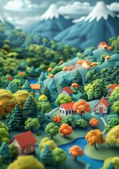 3D Isometric Landscape of a Mountain Village