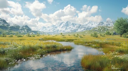 Naklejka premium The river flows through the middle of the grassland