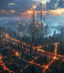 A futuristic cityscape with a river running through it.