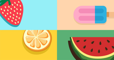 Set of summer flat icons. Watermelon, lemon, ice cream. summer illustration
