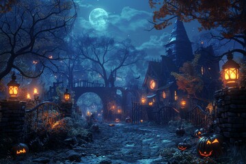 Obraz premium Spooky Halloween night in a haunted village