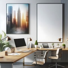 A desk with computers and a picture on the wall image art art realistic.