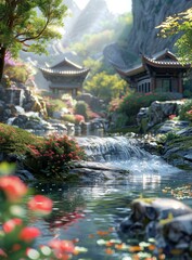 Fototapeta premium A beautiful Chinese garden with a waterfall and a pavilion