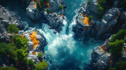 Gorgeous dronecaptured photo highlighting the striking contrast of blue waters flowing through a rocky river gorge