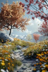 fantasy landscape with pink orange trees and yellow flowers