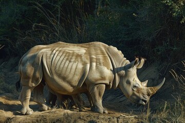 A powerful rhino standing on a dirt field. Suitable for wildlife concepts - Powered by Adobe