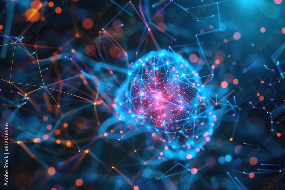 Poster a mesmerizing ball of blue and pink lights surrounded by dots. suitable for technology and abstract 