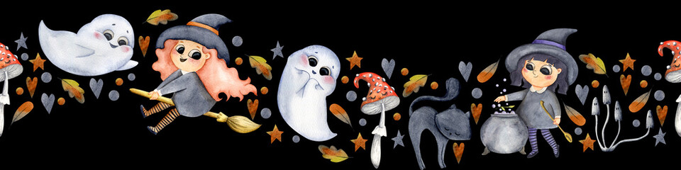 Hand-drawn watercolor Halloween seamless horizontal board with witches, cute ghosts, fly agarics and leaves on a black background