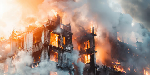 Fototapeta premium Smoke rising from burning bombed destroyed buildings. Fire engulfed an apartment building.