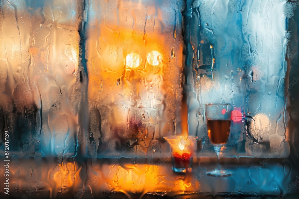 Poster A candle sitting on a window sill in the rain. Suitable for various concepts and designs