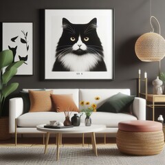 A living room with a template mockup poster and with a couch and a picture of a cat image art attractive.
