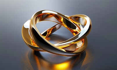 Abstract chrome metal golden ring. Wavy liquid metal shape rotating around empty space