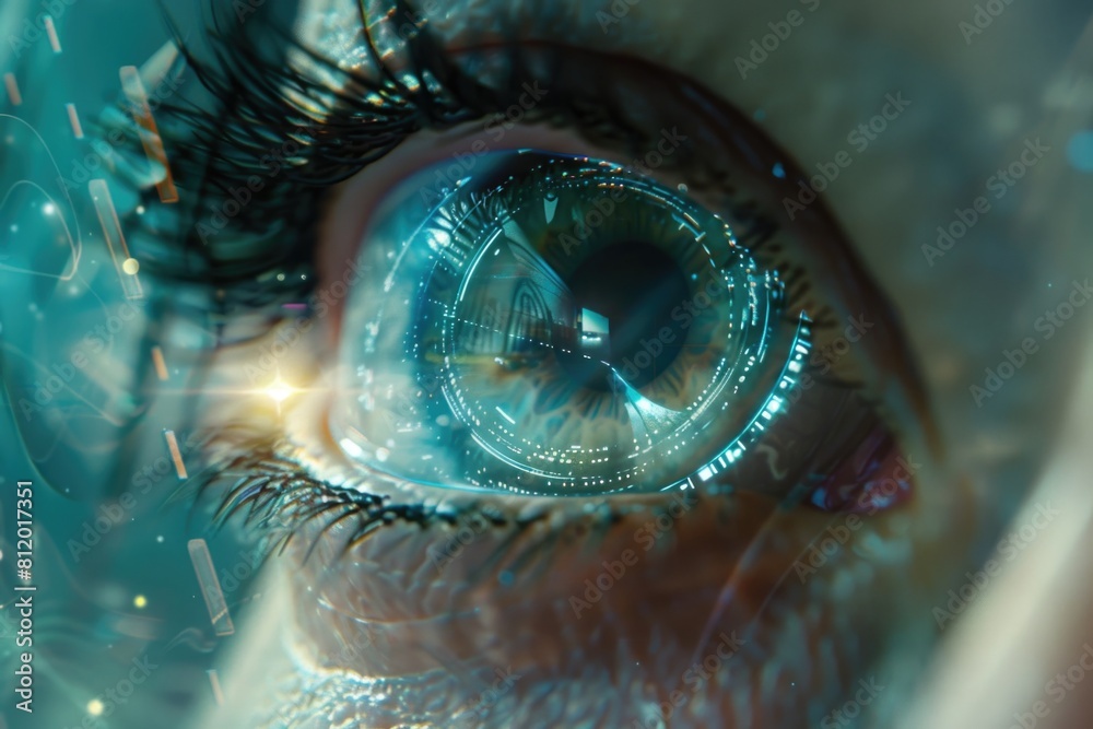 Poster A detailed view of an eye with a clock reflection. Perfect for illustrating the concept of time management