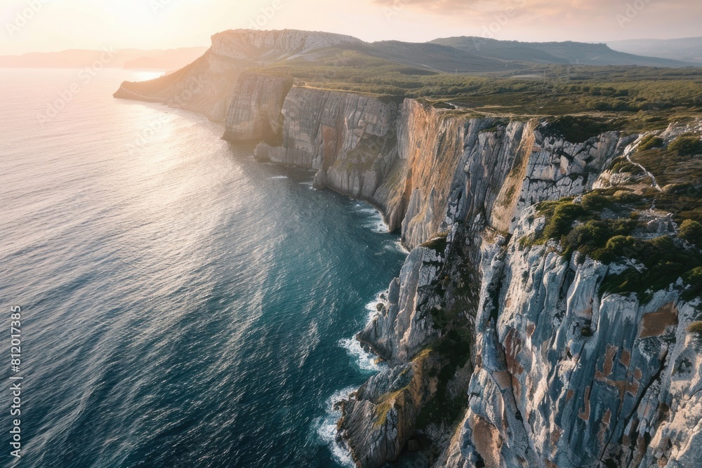 Poster aerial view of a cliff face with water below. ideal for nature and travel concepts