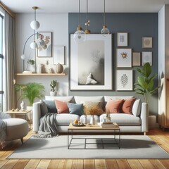 A living room with a template mockup poster empty white and with a couch and a coffee table art has illustrative meaning used for printing.