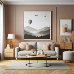 A living room with a template mockup poster empty white and with a couch and a coffee table realistic lively has illustrative meaning.