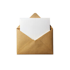 Open paper envelope with white sheet, isolated on white transparent background. Envelope mockup