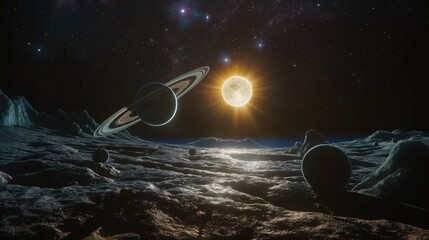 Na rysunku artystycznym ukazano Słoneczny System na powierzchni Księżyca, z widocznym słońcem świecącym na wschodzie. Tłem jest standardowa skala