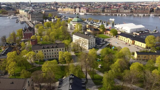 Aerial view of Skeppsholmen island, Eric Ericson hall, spring, brigh daylight, Stockholm, Sweden. Skyline in the background and the district of &Ouml;stermalm and Norrmalm.