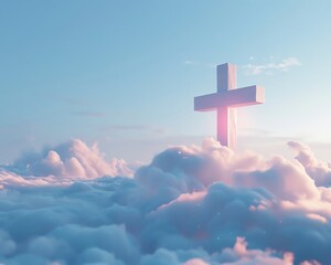 3D render of a large Christian cross over clouds, headshot against a solid blue background, front view