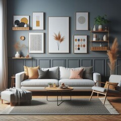 A living room with a template mockup poster empty white and with a couch and a coffee table image photo harmony lively.