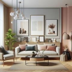 A living room with a template mockup poster empty white and with a couch and a coffee table standardscalex image photo lively used for printing.