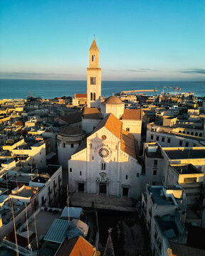 Aerial drone view of Bari cathedral, "Cathedral of Saint Sabinus", during sunset, Bari, Puglia, Italy.