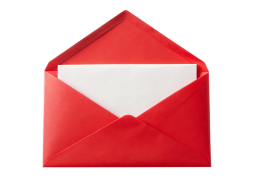 Red envelope with white sheet inside, mockup of letter, invitation, greeting card. Red envelope isolated on white transparent background