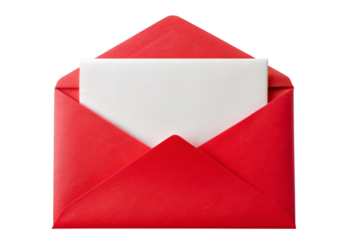 Red envelope with white sheet inside, mockup of letter, invitation, greeting card. Red envelope isolated on white transparent background