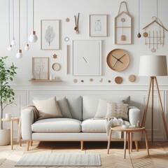 A living room with a template mockup poster empty white and with a couch and a lamp image harmony used for printing.