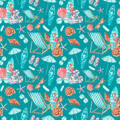 Sea beach watercolor seamless pattern. Travel, vacation. Surfboard, sun lounger, beach umbrella, shell, starfish, sunglasses, flip-flops. Blue background. For printing on packaging, fabric, textiles
