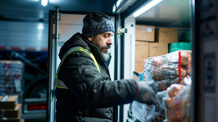 A courier delivering perishable goods in a refrigerated truck