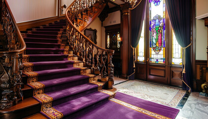 Luxury mansion foyer with rich violet carpeted stairs complemented by a handcrafted wooden railing...