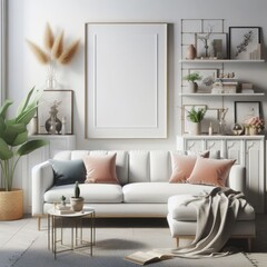 A living room with a template mockup poster empty white and with a couch and a picture frame image realistic has illustrative meaning card design.