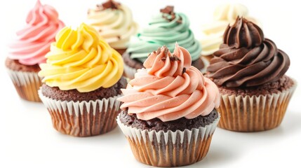 Cupcakes with swirling icing, each a different flavor, isolated for clarity