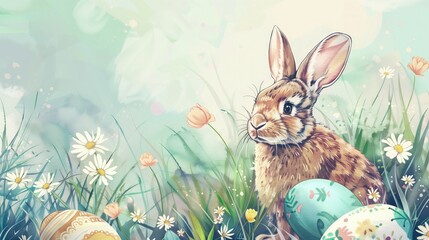 Na obrazie jest namalowany królik, który siedzi na trawie