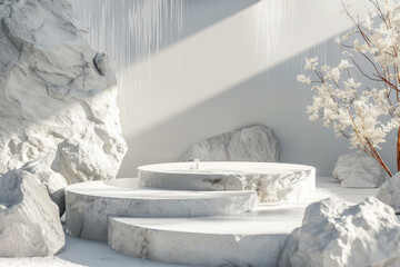 White Stone nature product display podium platforms cosmetic placement