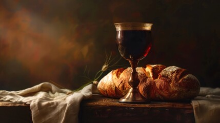 A serene depiction capturing the essence of communion through a still life composition featuring a chalice filled with wine and a loaf of bread