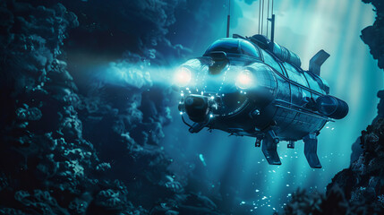 A submarine is seen in the water with a bright light on it