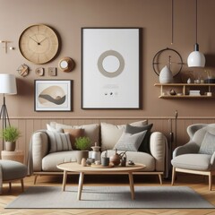 A living room with a template mockup poster empty white and with a couch and chairs image art photo used for printing.
