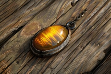 Fototapeta premium A tiger eye pendant on a chain displayed on a wooden surface. Ideal for jewelry or nature-themed designs